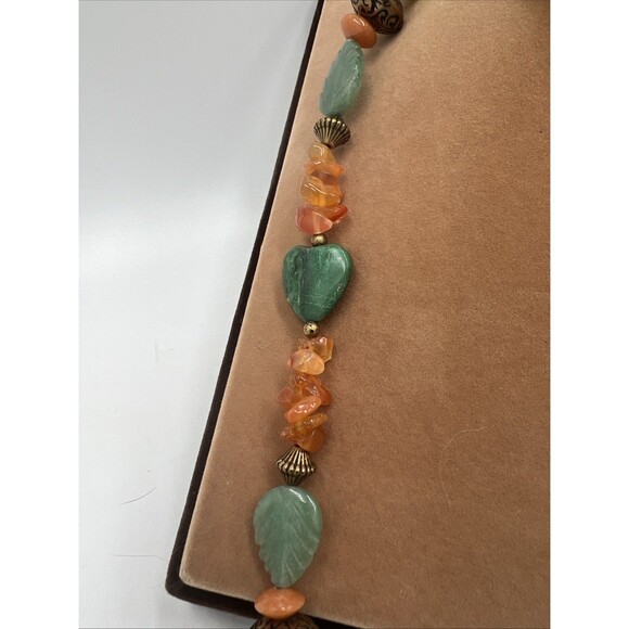 Vintage Leonard Craig Designer Necklace Real Stone Green Leaves Heart Longline - Picture 2 of 7